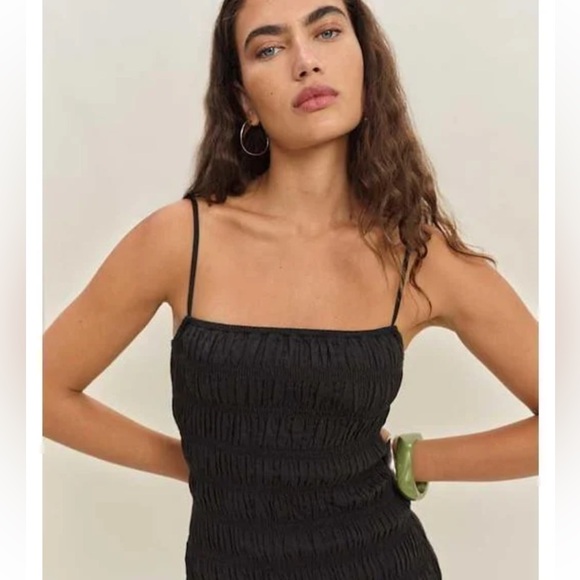 Reformation Seren Dress Black Size 4 Midi Square Neck Shirring Ruffled Hem Small - Picture 6 of 16